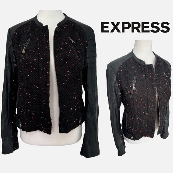 Express Faux Leather Jacket Cropped Tweed Motorcycle Edgy Urban Boho Biker Small - Picture 2 of 16